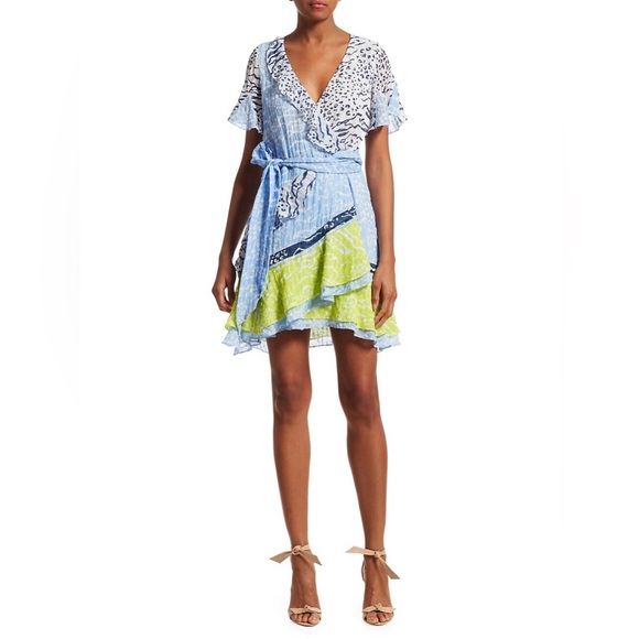 🍡🍭TANYA TAYLOR  Bianka ruffle wrap dress mixed print blue yellow size 2 - Picture 4 of 7